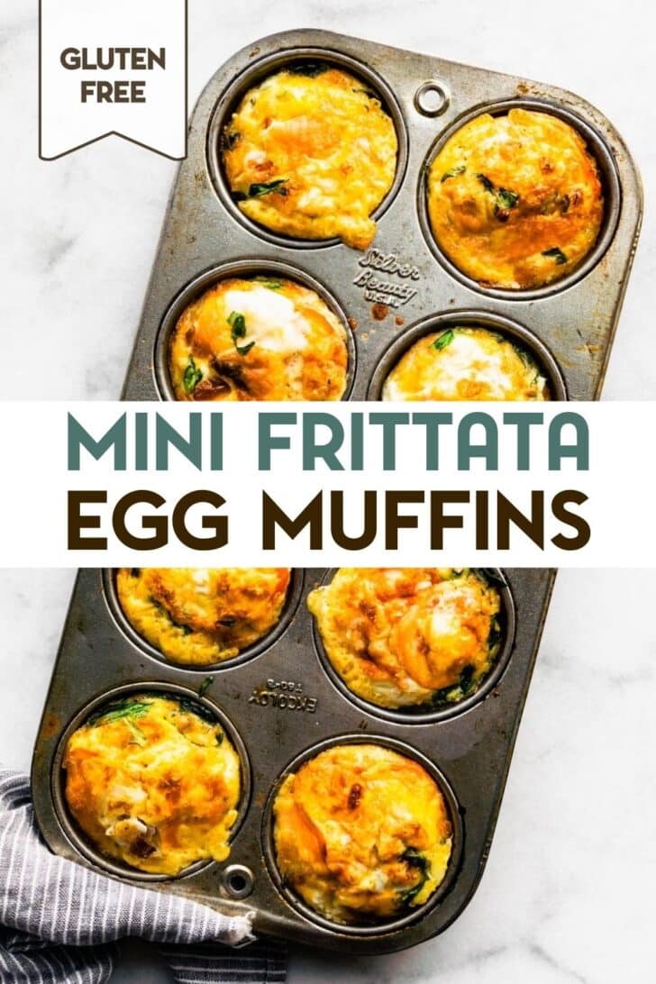 An overhead photo of a muffin tine with Mini Frittata Egg Muffins with a text overlay for pinterest.