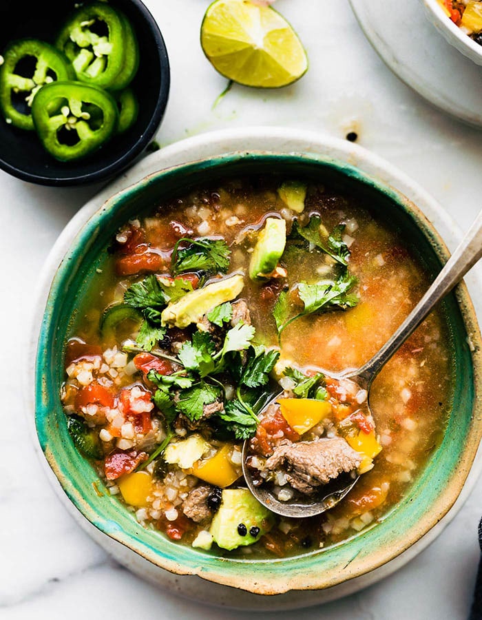Gluten free paleo Mexican fajita steak soup
