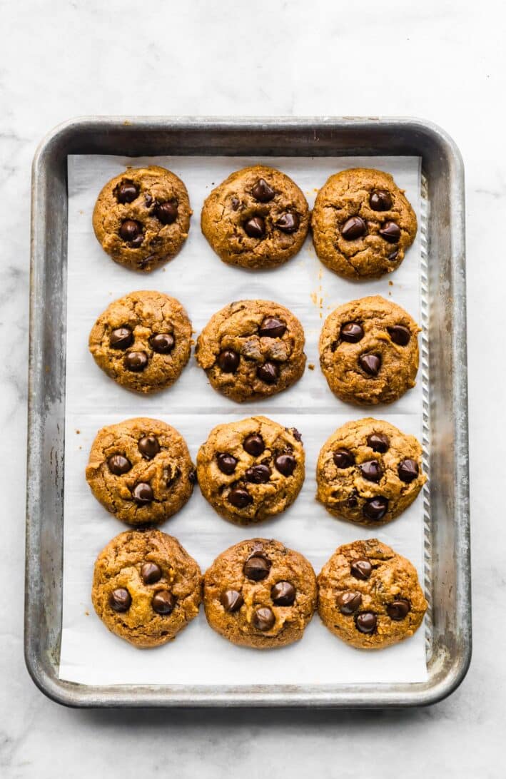 Freshly baked pumpkin chocolate chip cookies arranged in neat rows on a parchment-lined baking sheet.