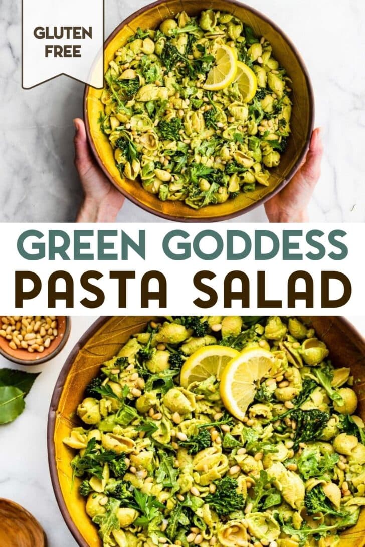 Two photos of gluten-free green goddess pasta salad with a text overlay for pinterest.