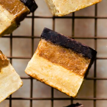 Overhead photo of the three layers in Bite-Sized Homemade Twix bars.