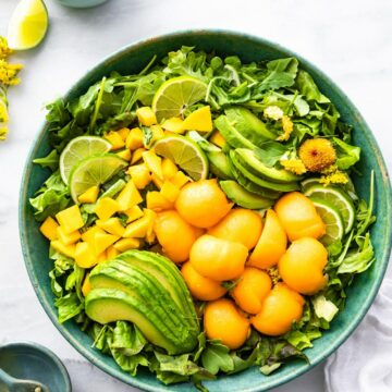 bowl of healthy fruit salad with pieces of mango avocado and cantaloupe