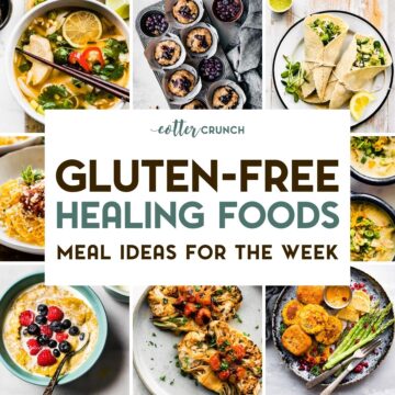 A grid of 8 Gluten-Free Healing Food photos with a text overlay.