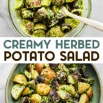 Two photos of egg-free creamy herbed potato salad with a text overlay for pinterest.