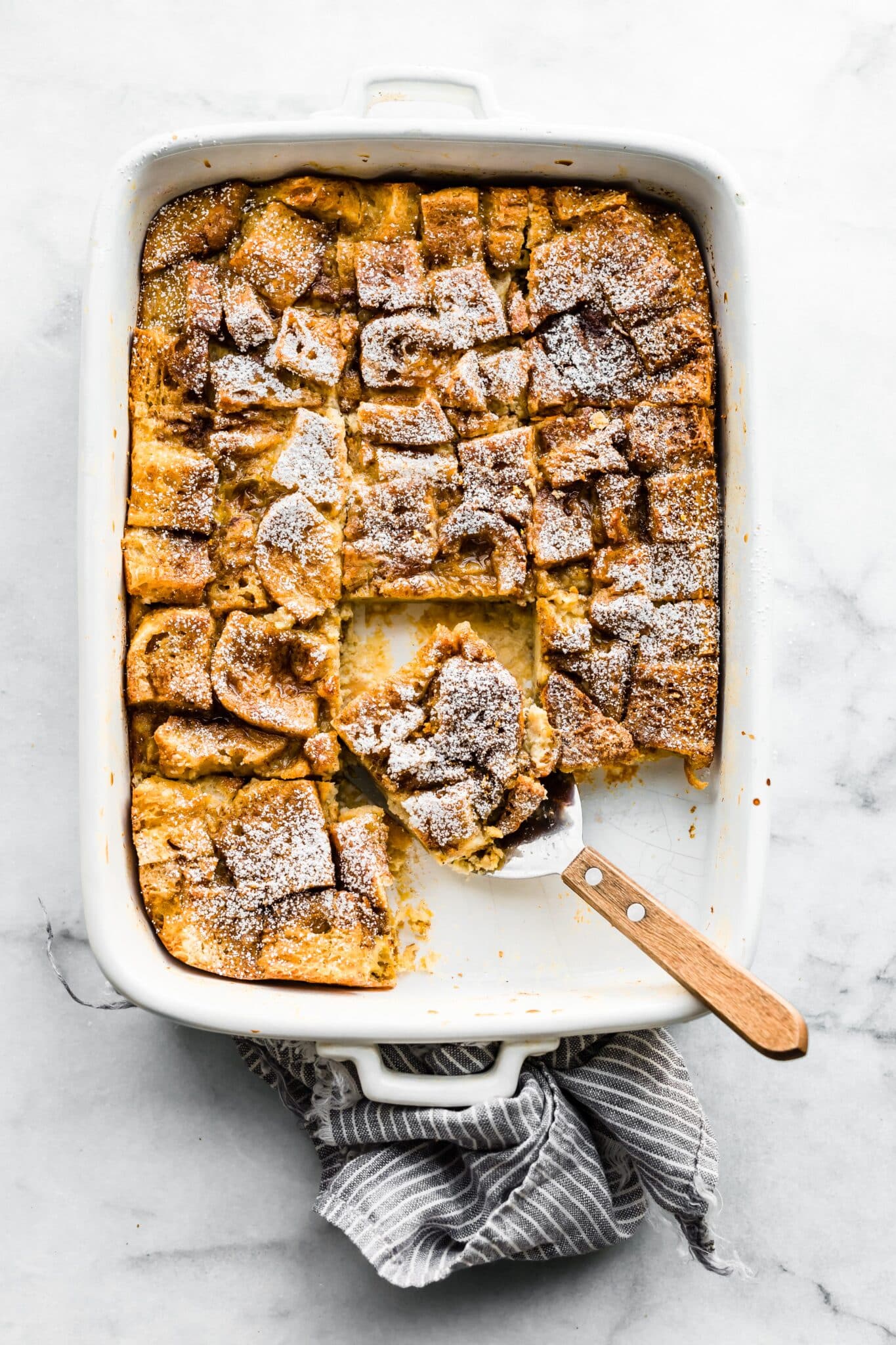 An overhead photo of gluten-free French toast casserole in a casserole dish