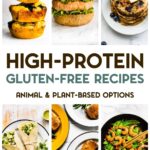 Graphic of nine photos of high protein recipes with text overlay.