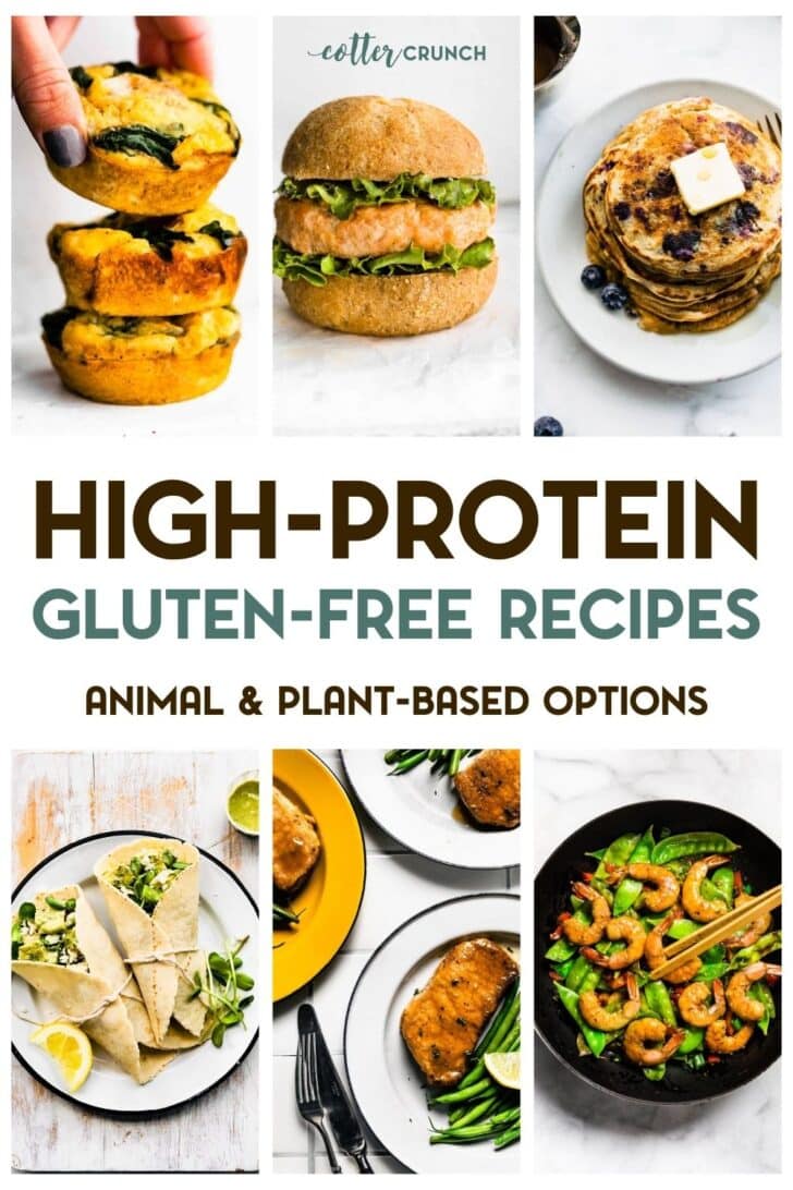 Graphic of nine photos of high protein recipes with text overlay.
