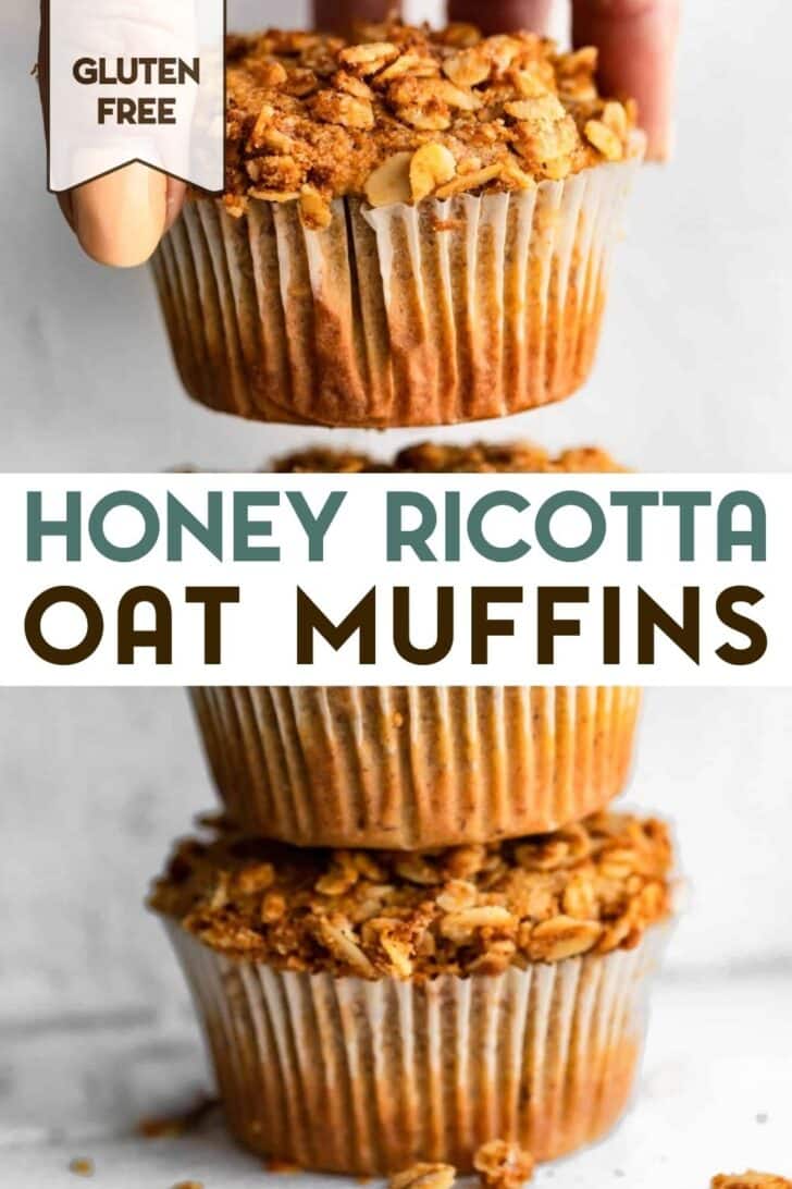 A stack of three muffins with a woman's hands lifting the top muffin with a text overlay that reads: "honey ricotta muffins"