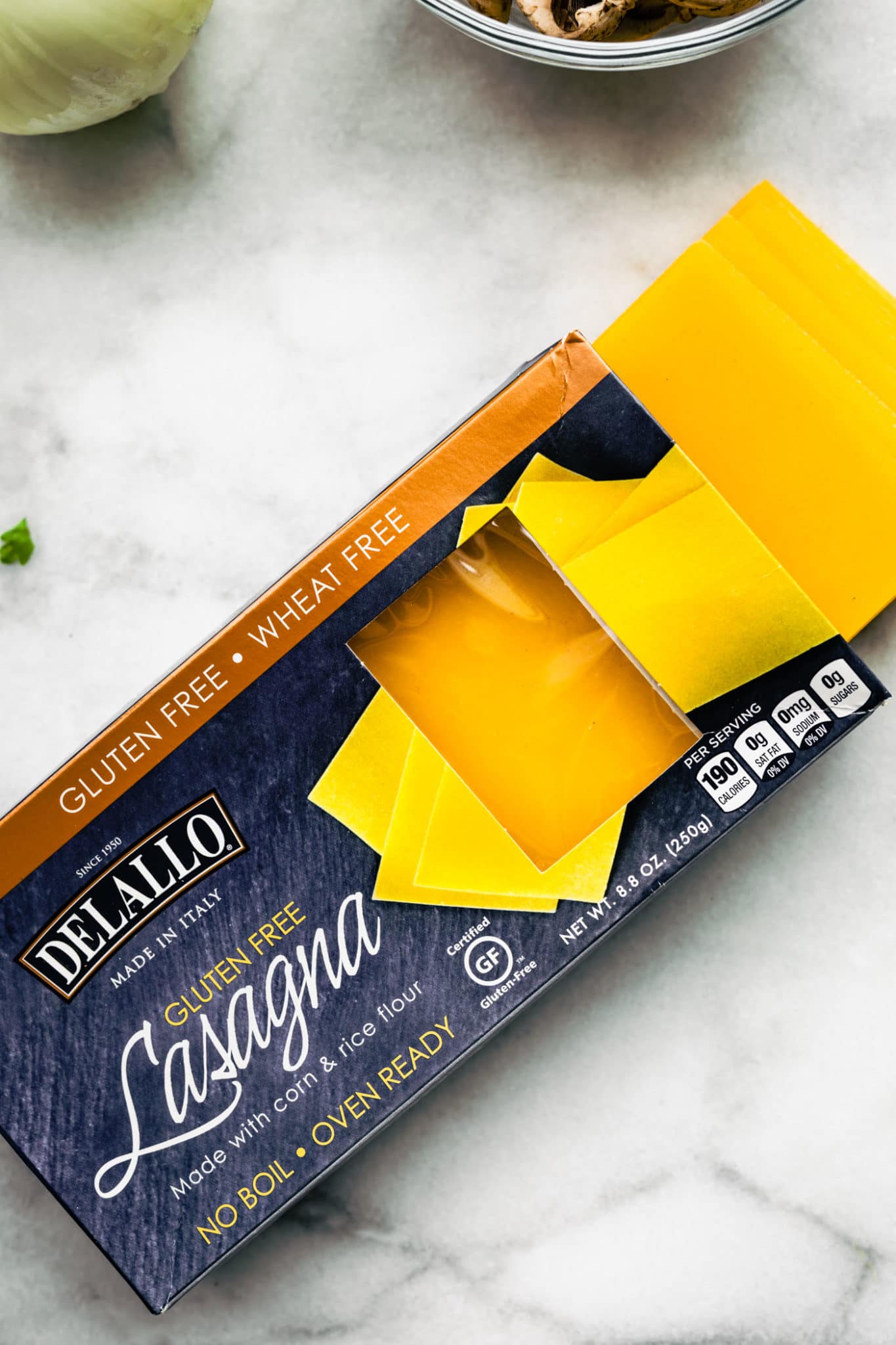 box of DeLallo gluten-free no boil lasagna noodles