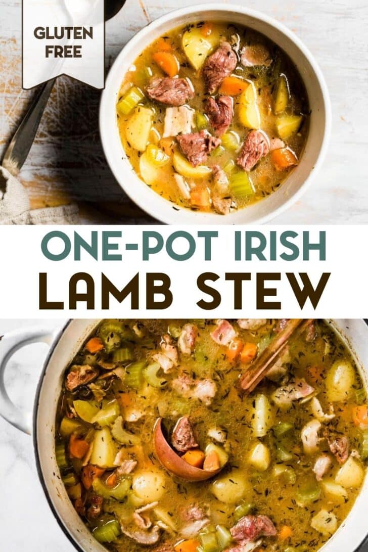 Two photos of Irish Lamb Stew with a text overlay for pinterest.