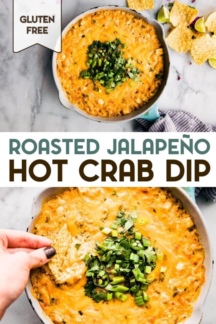 Two photos of gluten-free roasted jalapeno crab dip with a text overlay for pinterest.