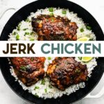 A photo of a Dutch oven with 3 jerk chicken thighs nestled on top of rice with a text overlay for pinterest.