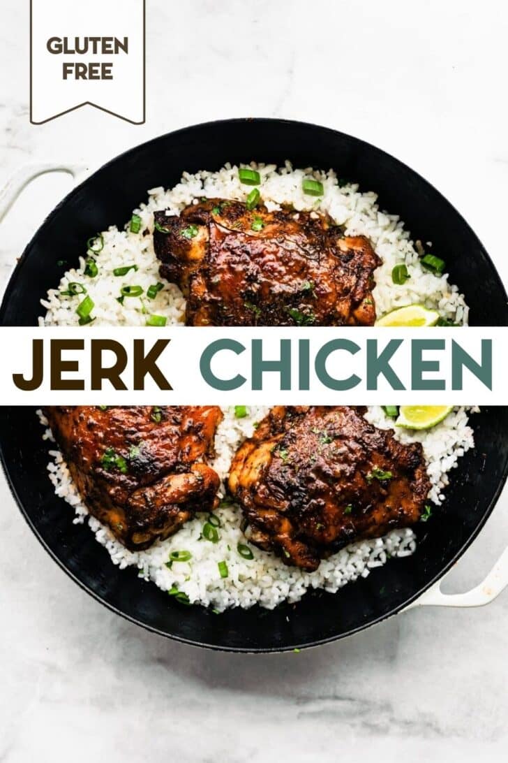 A photo of a Dutch oven with 3 jerk chicken thighs nestled on top of rice with a text overlay for pinterest.