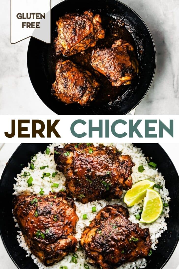 Two photos of jerk chicken with a text overlay for pinterest.