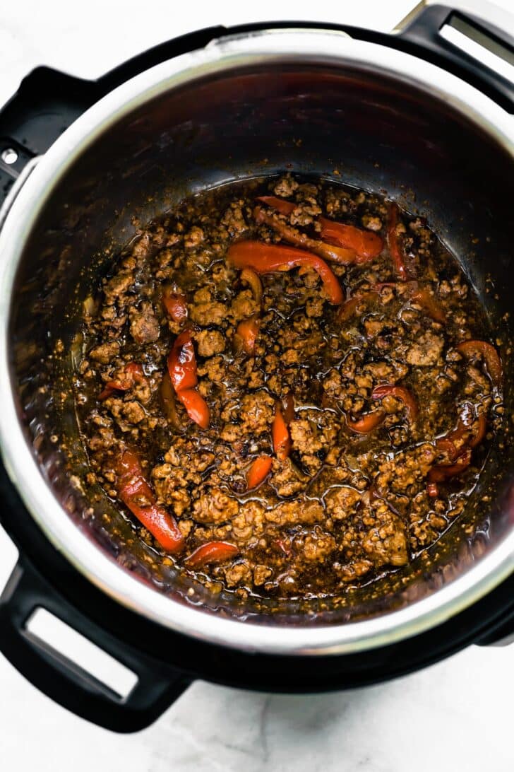 Overhead photo of beef bulgogi in an Instant Pot.