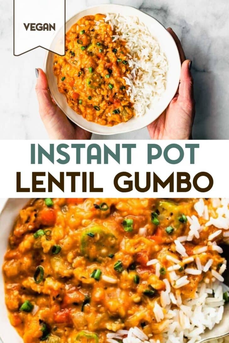 Two photos of a bowl of Instant Pot Gumbo with a text overlay for pinterest.