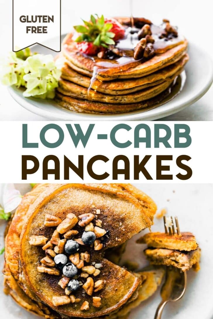 Two photos of 4-Ingredient Low-Carb Paleo Pancakes with a text overlay for pinterest.