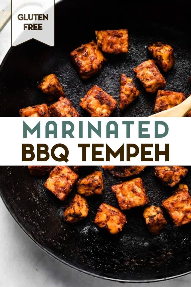 A photo of marinated BBQ tempeh in a cast iron skillet with a text overlay for pinterest.