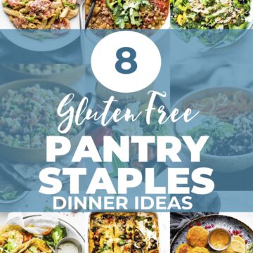 collage of meals using pantry staples for dinner ideas. Bowls of chili, salad, pasta, tacos, and a casserole