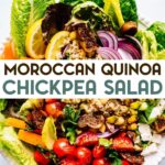 A photo of a Moroccan Quinoa Chickpea Salad with a text overlay for pinterest.