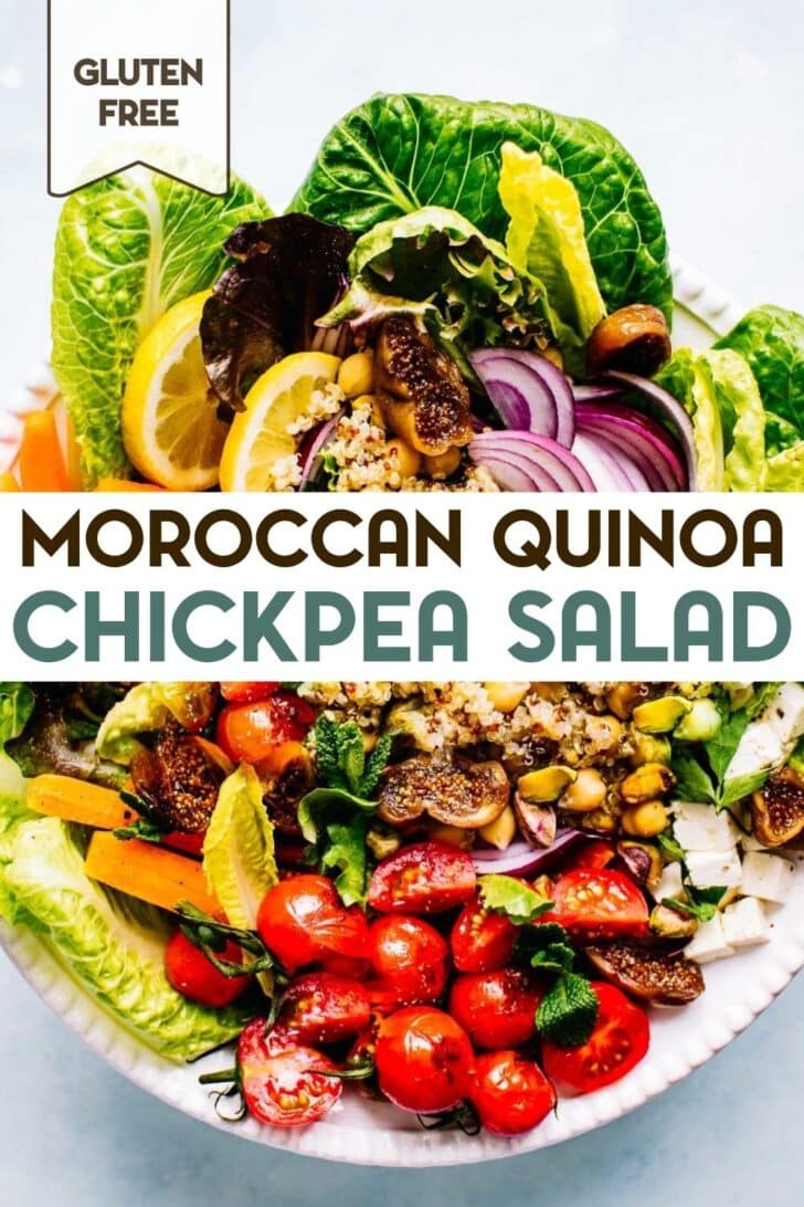 A photo of a Moroccan Quinoa Chickpea Salad with a text overlay for pinterest.