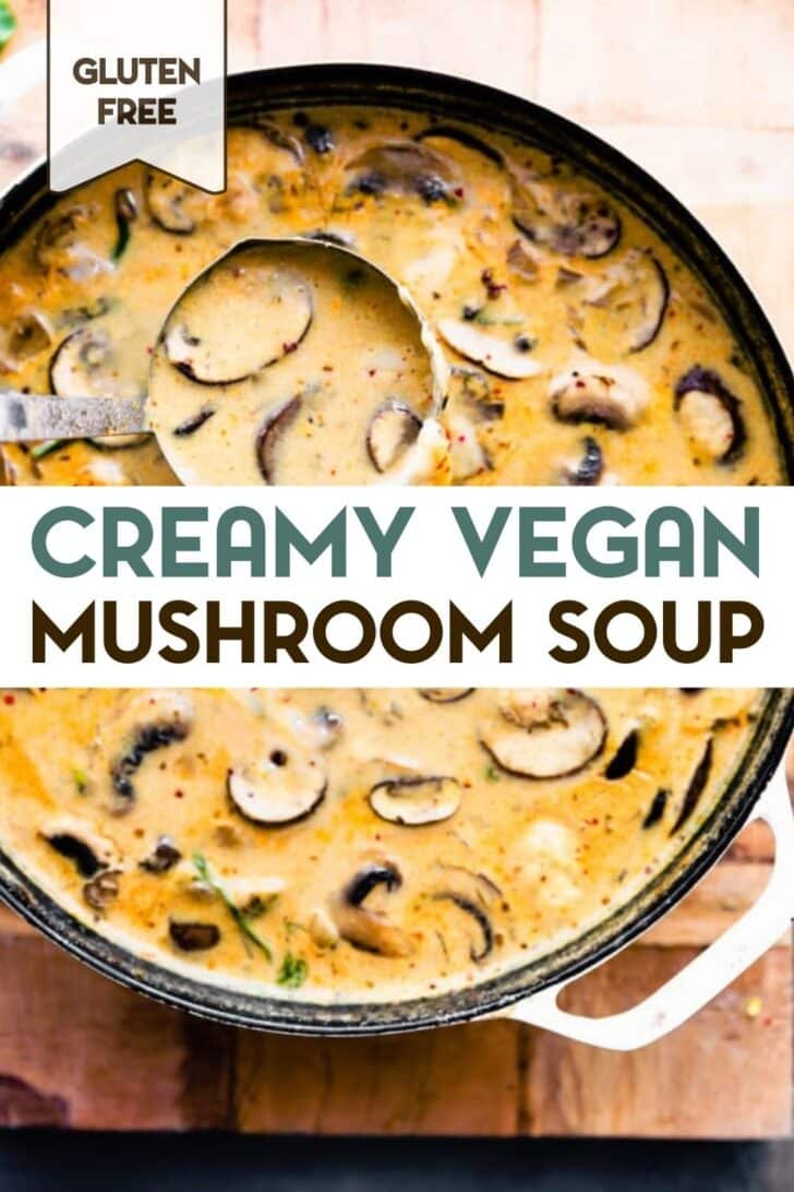 An overhead photo of a soup ladle in a large stockpot of Creamy Vegan Mushroom Soup with a text overlay for pinterest.