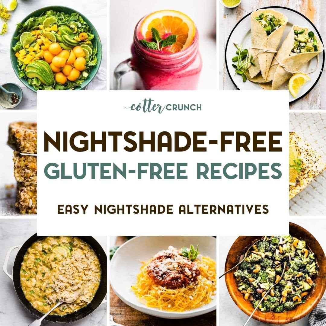 Graphic with a grid of easy nightshade-free recipes with a text overlay.