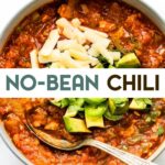 An overhead photo of a bowl of gluten-free no-bean chili with text overlay for pinterest.