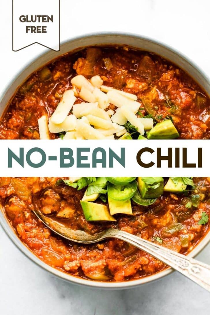 An overhead photo of a bowl of gluten-free no-bean chili with text overlay for pinterest.