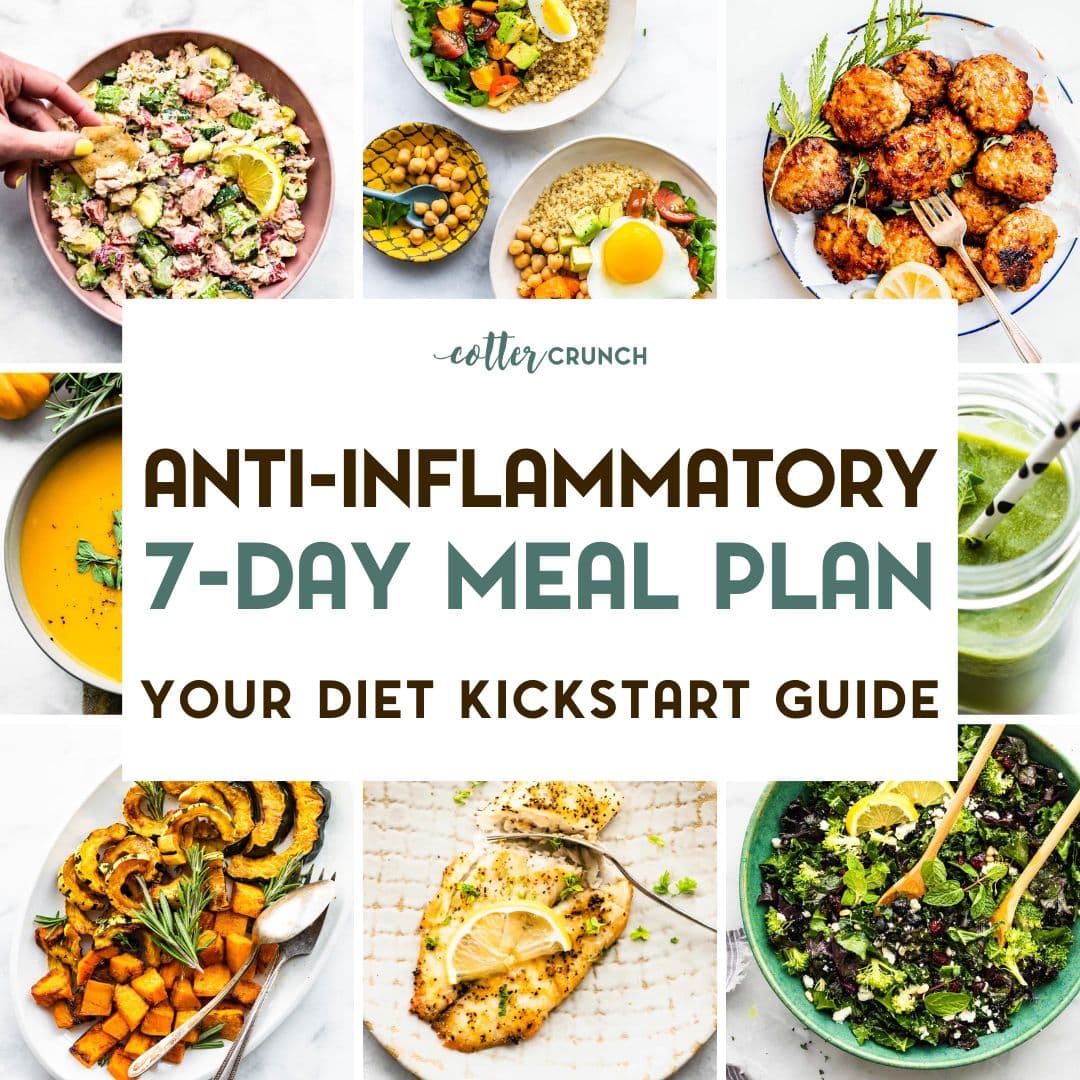 Grid of 6 food photos of anti-inflammatory recipes with text overlay.