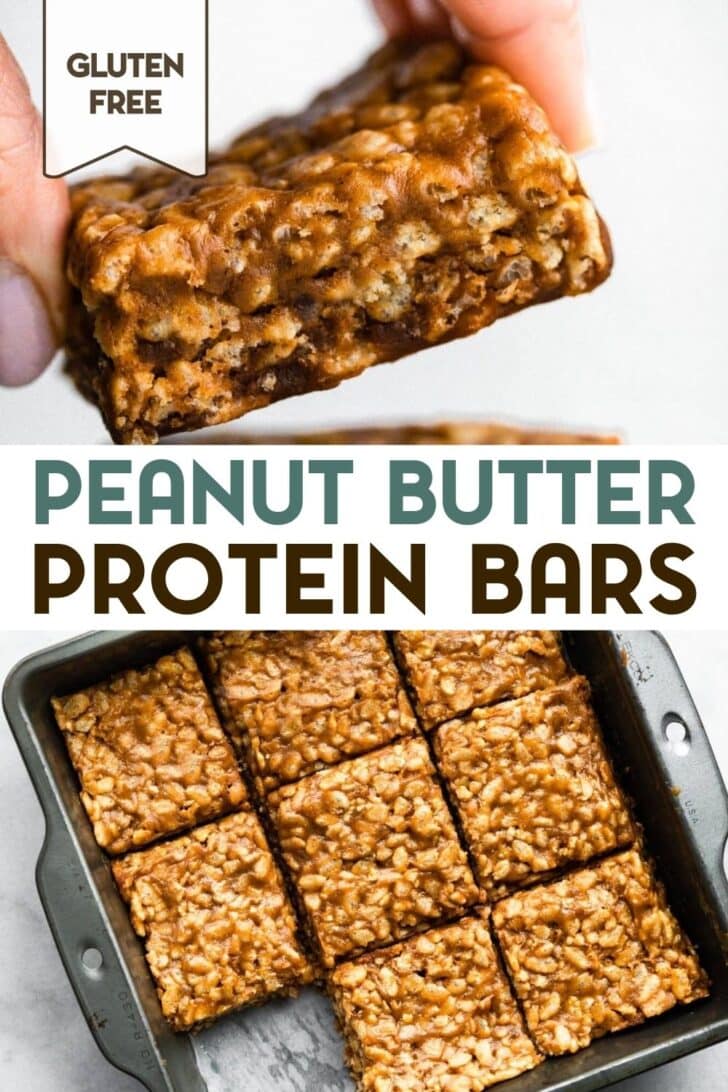 2 photos of peanut butter protein bars with text overlay.