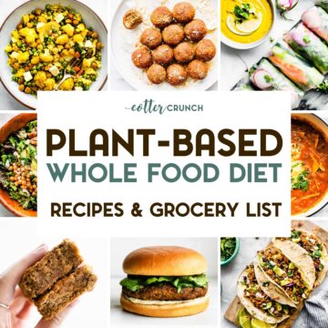 A grid of 9 photos of Whole Food Plant Based Recipes with a text overlay.