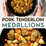 Two photos of Mediterranean Pork Tenderloin Medallions with a text overlay for pinterest.