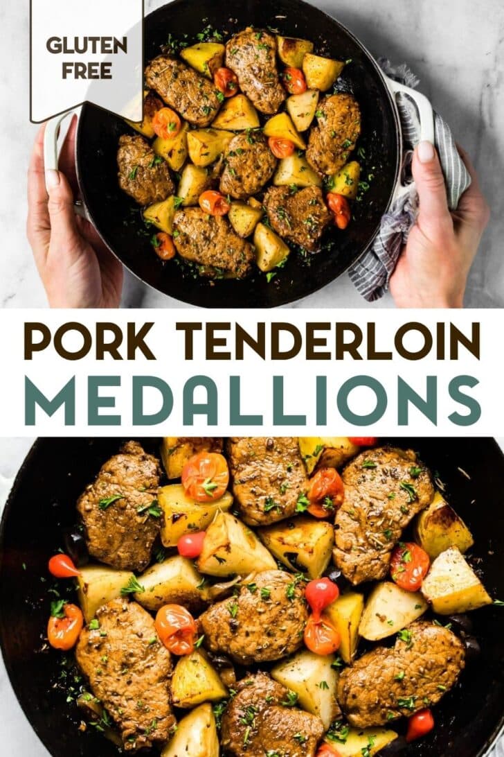 Two photos of Mediterranean Pork Tenderloin Medallions with a text overlay for pinterest.