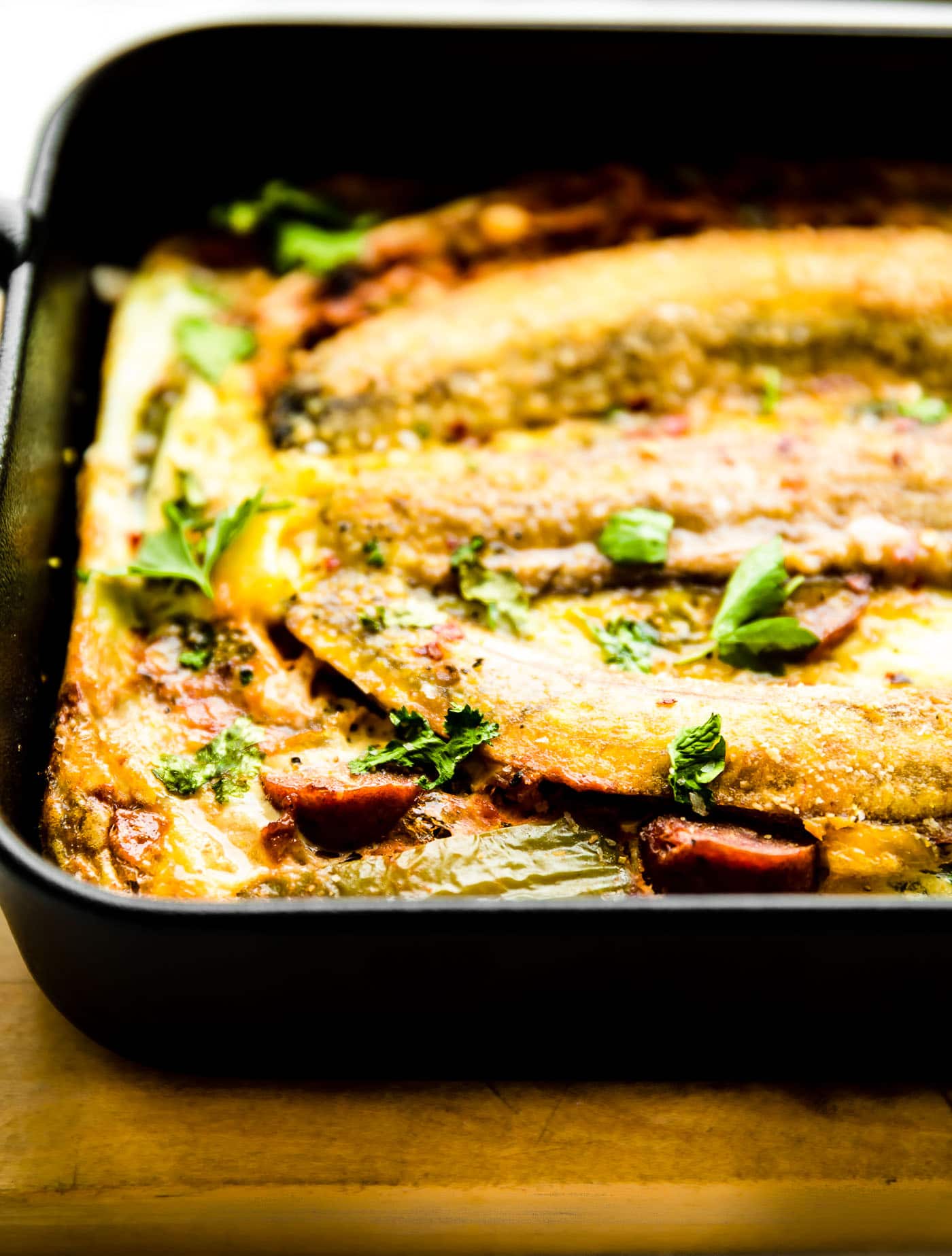 Close up view Puerto Rican plantain breakfast lasagna