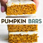 A photo of a woman's hand lifting the top bar off of 3 stacked Gluten-Free Pumpkin Bars with a text overlay for pinterest.