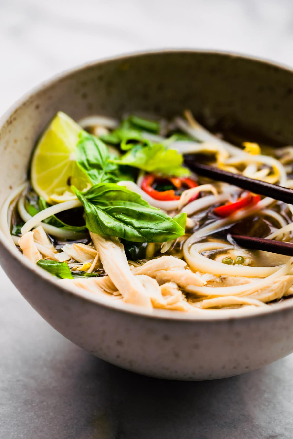 Up close photo of a bowl of gluten free chicken pho ga with rice noodles.