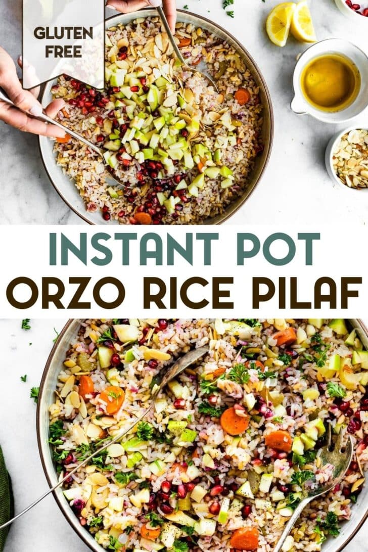 Two photos of Instant Pot Orzo Rice Pilaf with a text overlay for pinterest.