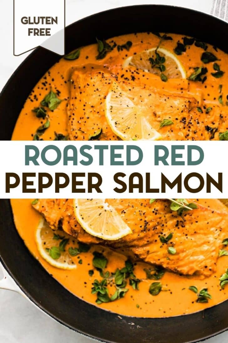 A photo of roasted red pepper salmon with a text overlay for pinterest.