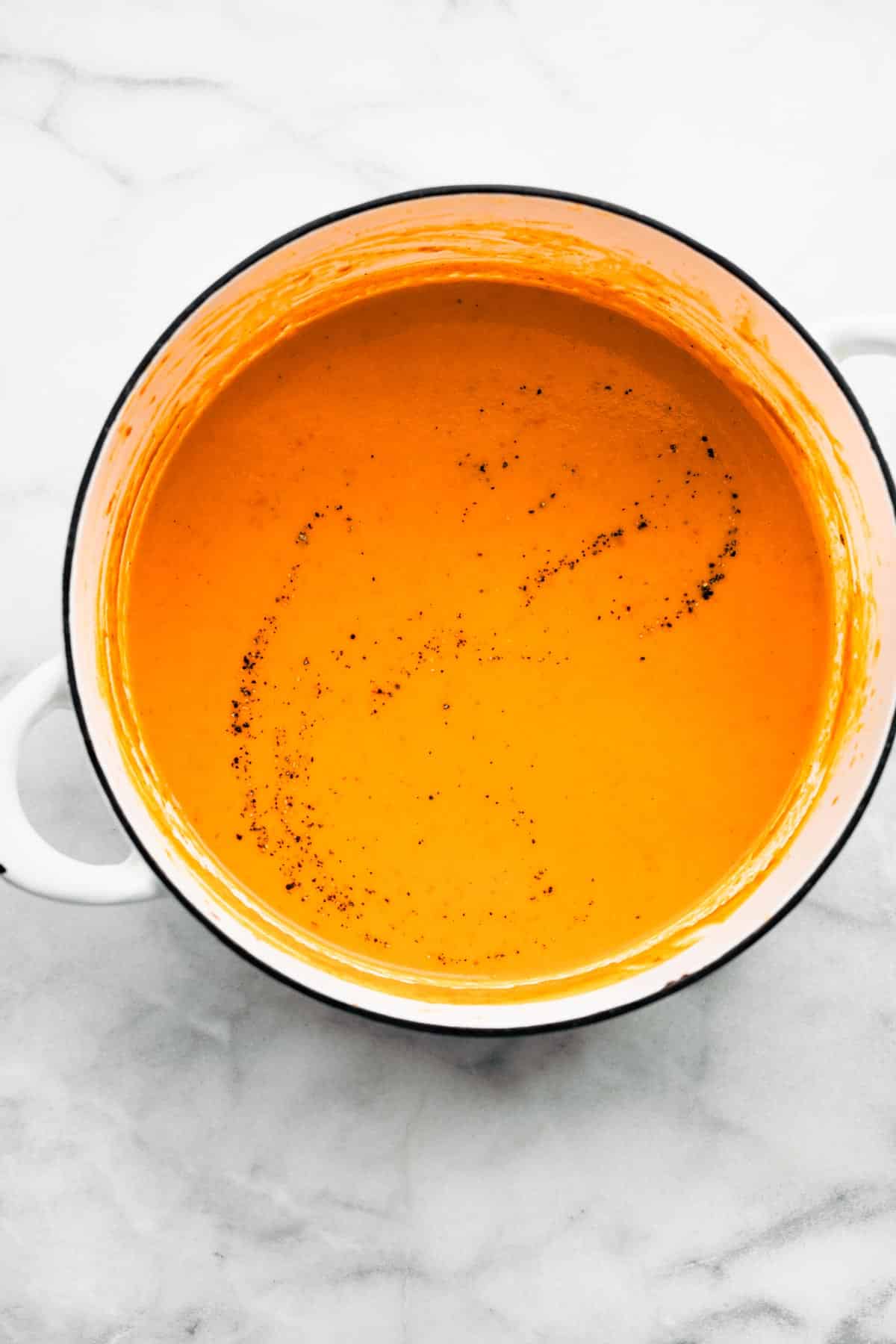 Roasted Red Pepper Soup in a pot.