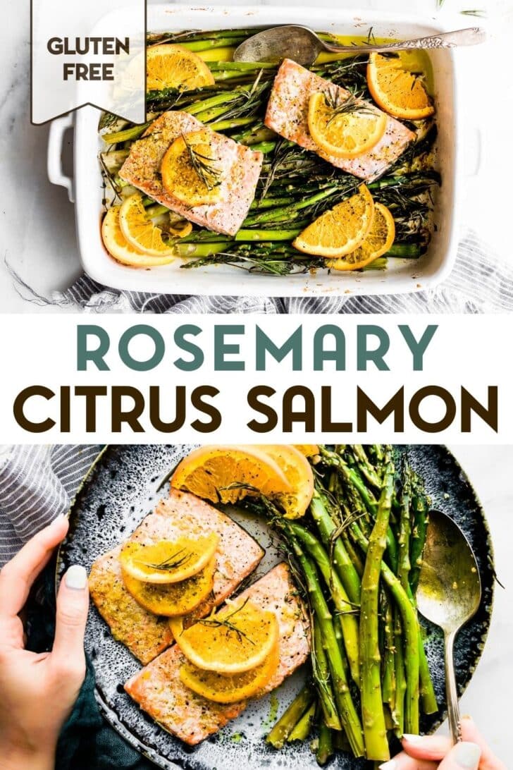 Two photos of rosemary citrus baked salmon with a text overlay for pinterest.