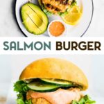Two photos of gluten-free salmon burgers with a text overlay for pinterest.