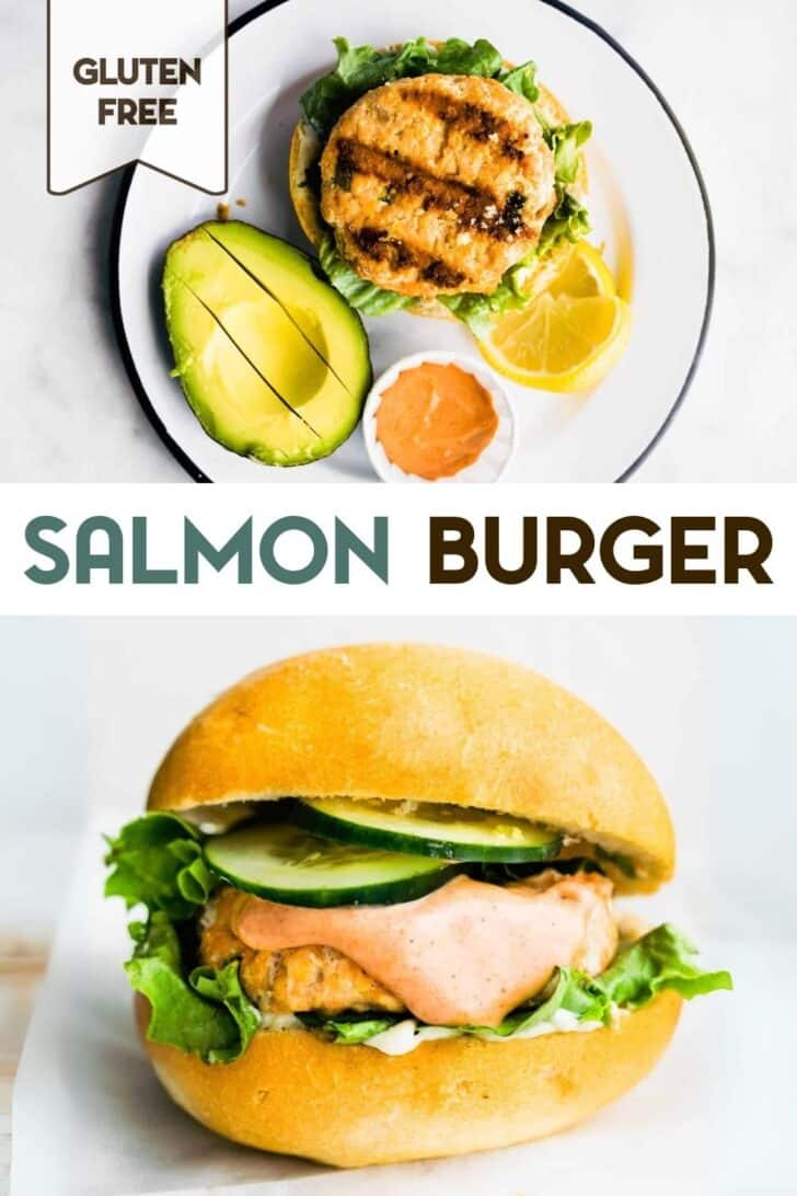 Two photos of gluten-free salmon burgers with a text overlay for pinterest.
