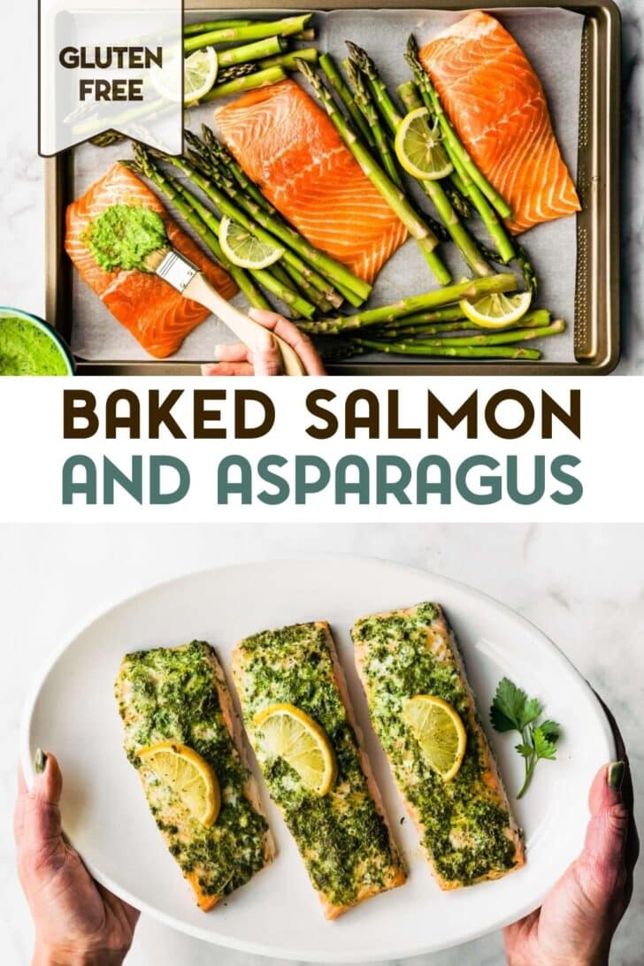 Two photos of baked salmon and asparagus with herb sauce with a text overlay for pinterest.