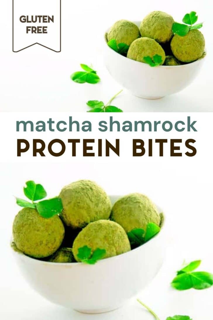 Two photos of a white bowl of shamrock matcha protein bites with a text overlay for pinterest.