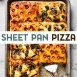 An overhead photo of a gluten-free sheet pan pizza on a sheet pan with a text overlay for pinterest.