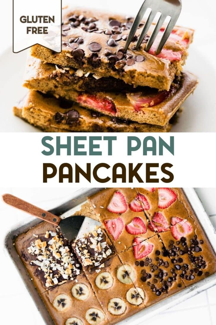 Two photos of Sheet Pan Chocolate Protein Pancakes with a text overlay for pinterest.
