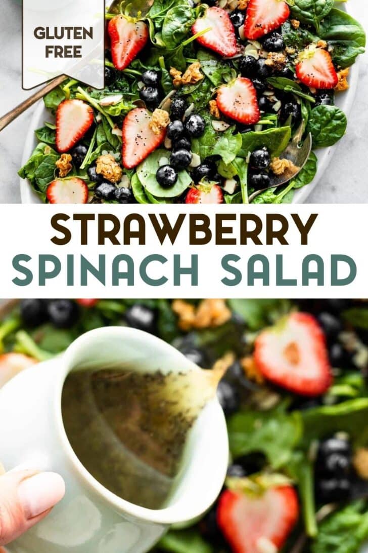 Two photos of strawberry spinach salad with a text overlay for pinterest.,
