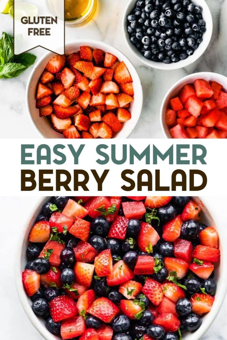 Two photos of summer berry fruit salad with a text overlay for pinterst.