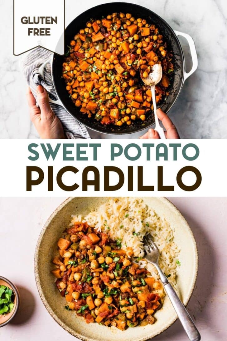 Two photos of Vegetarian Sweet Potato Picadillo with a text overlay for pinterest.